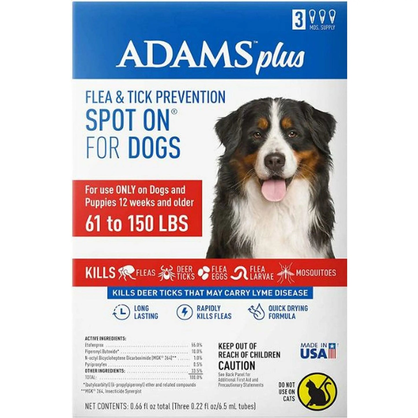 Adams Plus Flea Tick Prevention Spot On for Dogs 3 Month Supply, Clear, 1ea/XL Dogs 61 To 150 lb Adams