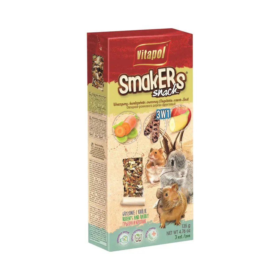 A & E Cages Smakers Rabbit & Rodent Triple Pack Treat Stick Veggie/Carob/Fruit, 1ea/3 pk A & E Cages