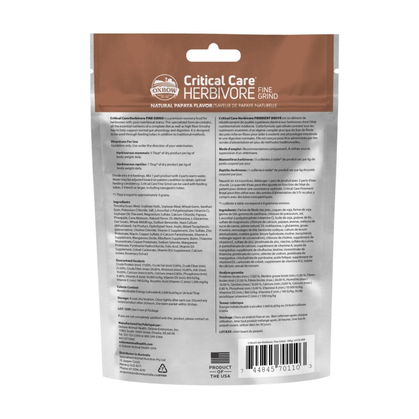 Oxbow Animal Health Critical Care Herbivore Fine Grind Feeding Formula 100g, Papaya, 1ea/3.53oz. Oxbow