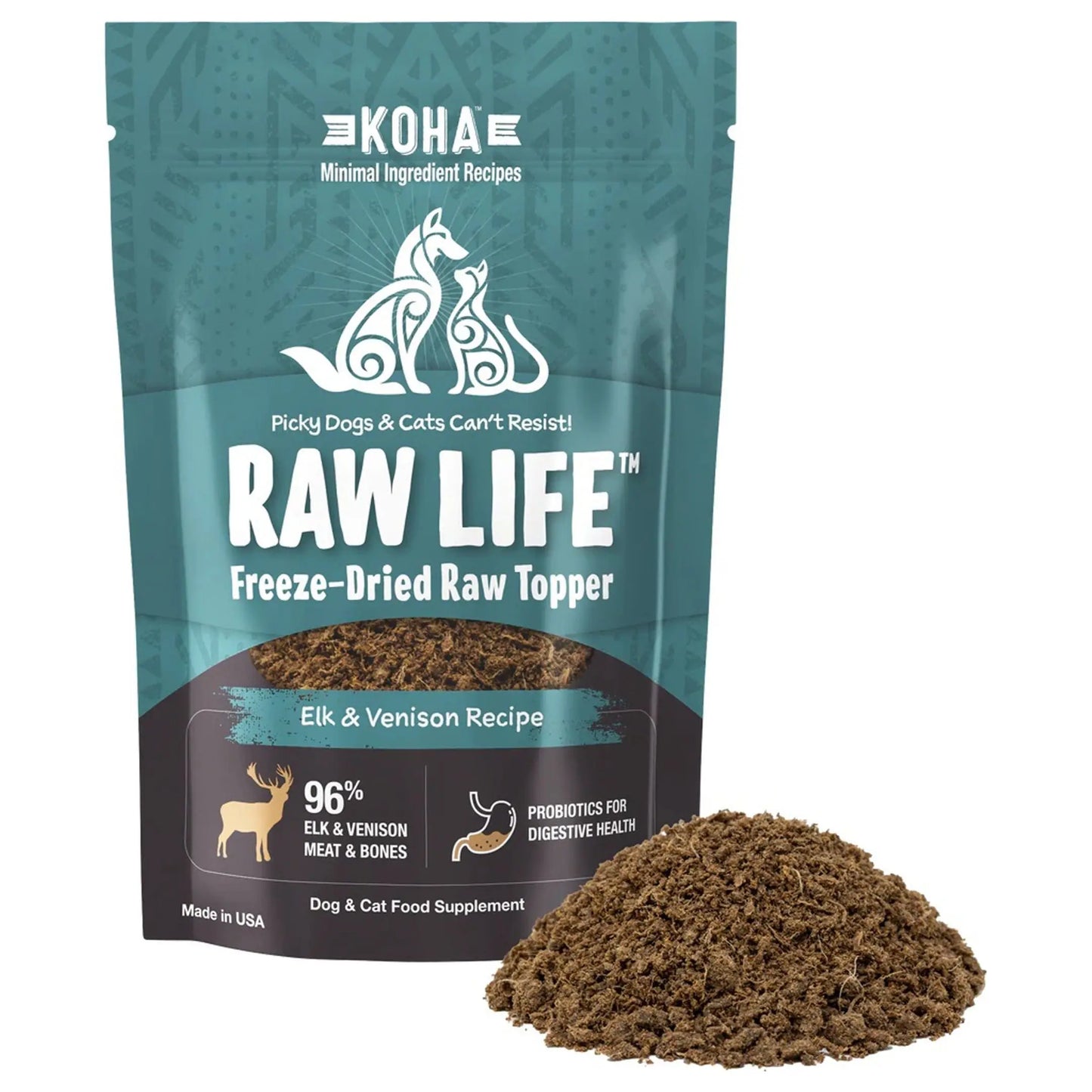 Koha Dog Cat Grain Free Raw Freeze Dried Topper Elk 8oz. Koha