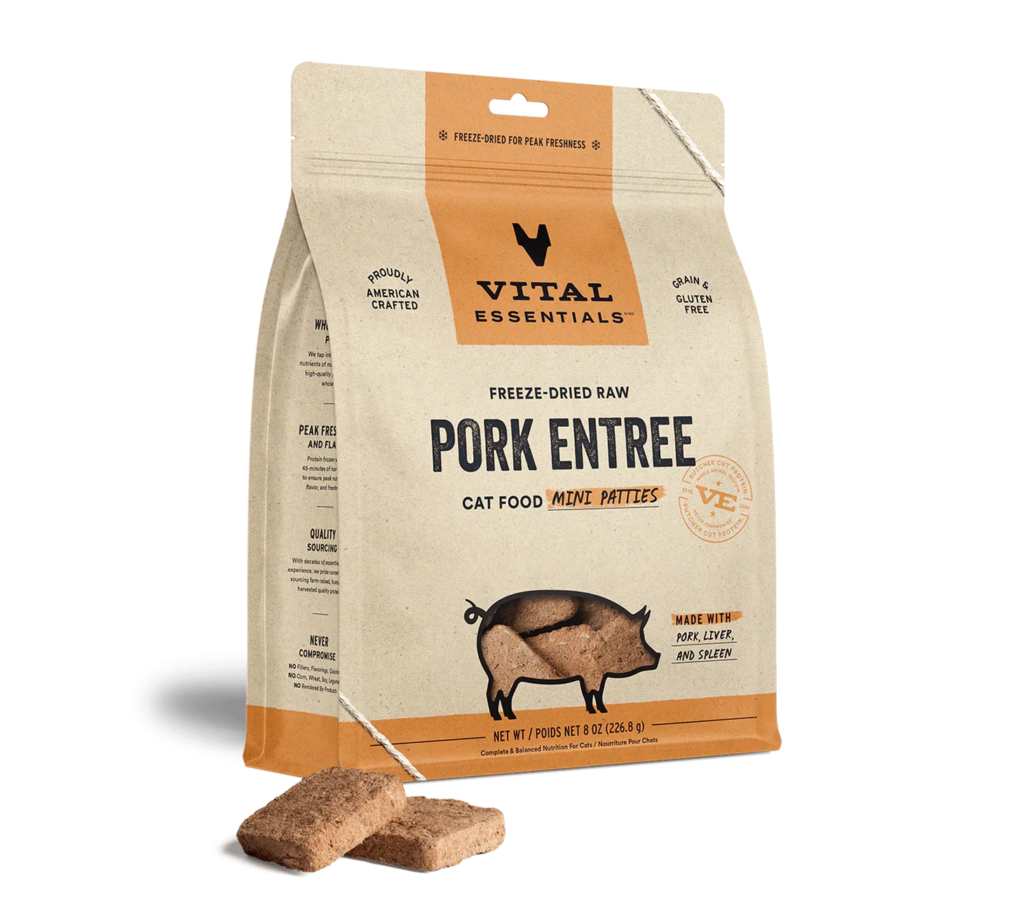 Vital Essentials Cat Freeze Dried Mini Patties Pork 8oz. Vital Essentials