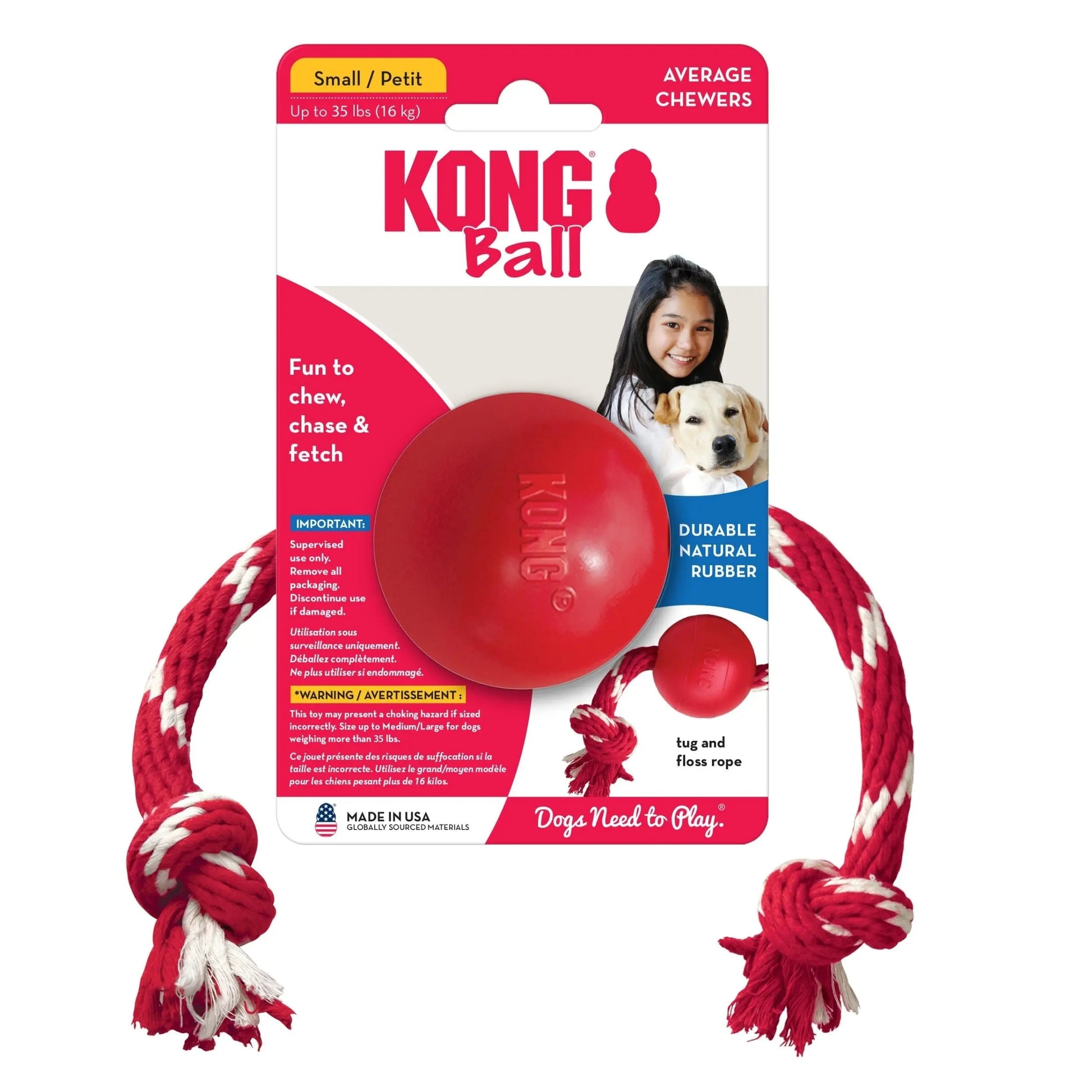 KONG Ball with Rope Dog Toy Red 1ea/SM Kong