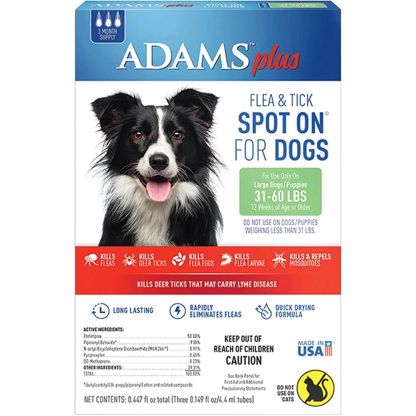 Adams Plus Flea  Tick Prevention Spot On for Dogs 3 Month Supply, Clear, 1ea/Large Dogs 31 To 60 lb Adams