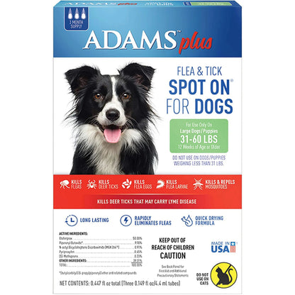 Adams Plus Flea  Tick Prevention Spot On for Dogs 3 Month Supply, Clear, 1ea/Large Dogs 31 To 60 lb Adams