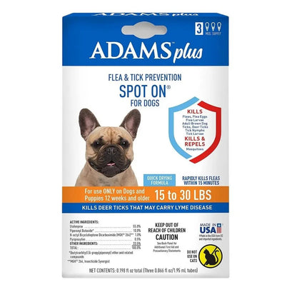 Adams Plus Flea  Tick Prevention Spot On for Dogs 3 Month Supply, Clear, 1ea/Medium Dogs 15 To 30 lb Adams
