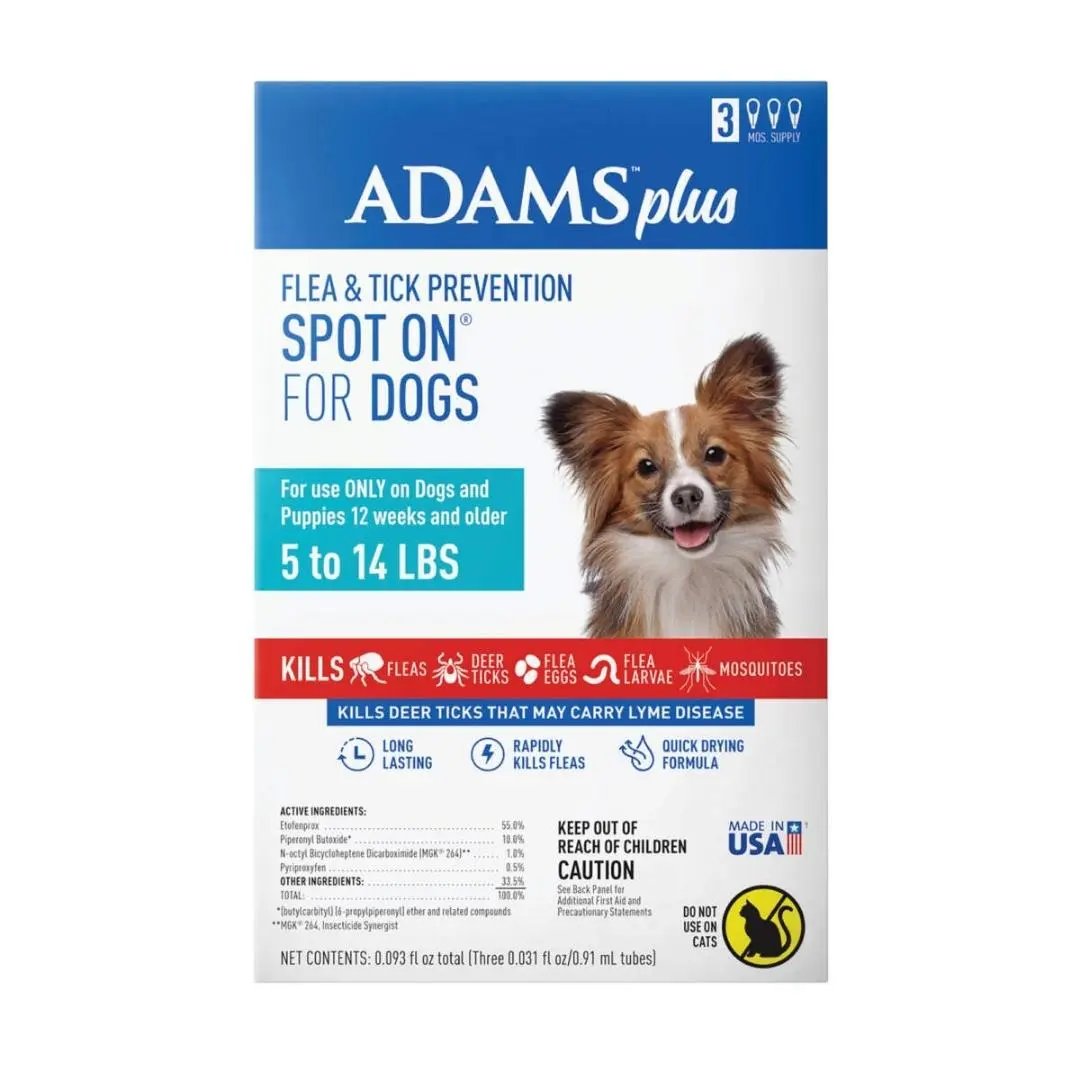 Adams Plus Flea  Tick Prevention Spot On for Dogs 3 month supply, Clear, 1ea/SMall Dog 5 To 14 lb Adams