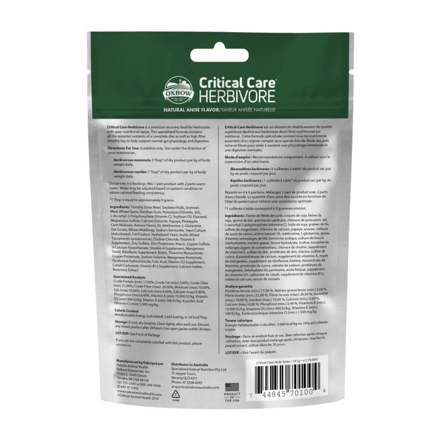 Oxbow Animal Health Critical Care Herbivore Feeding Formula 141g, Anise, 1ea/4.97oz. Oxbow
