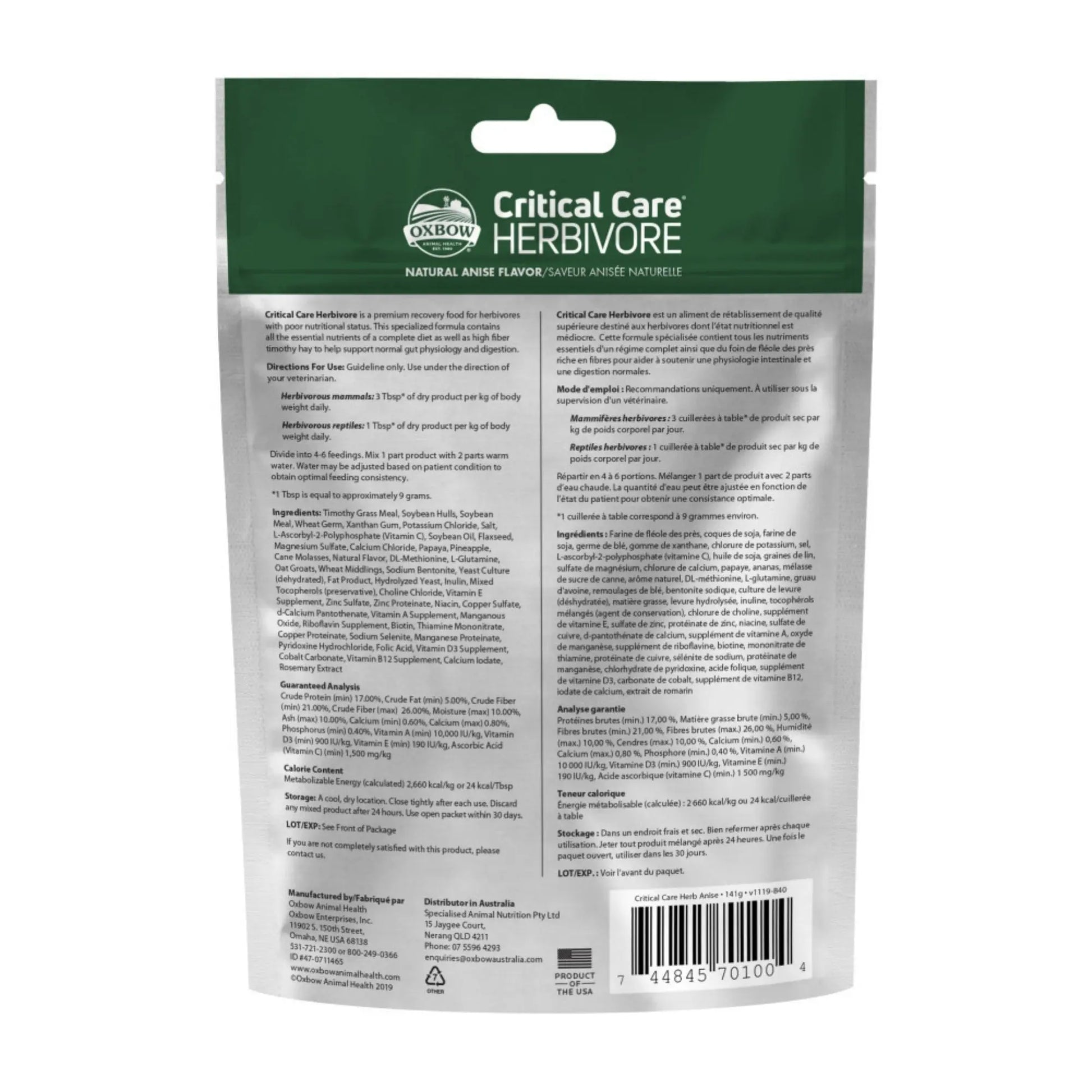Oxbow Animal Health Critical Care Herbivore Feeding Formula 141g, Anise, 1ea/4.97oz. Oxbow