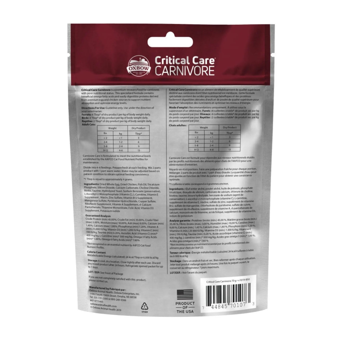 Oxbow Animal Health Critical Care Carnivore Feeding Formula 70g, 1ea/2.47oz. Oxbow